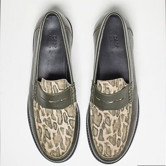 ASOS DESIGN penny loafers in green khaki leather w/faux snake print, Sz 13. NWOT - Picture 1 of 16